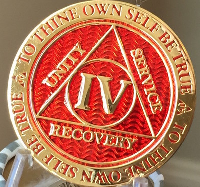 4 Year AA Medallion Red Gold Plated Alcoholics Anonymous Sobriety Chip ...