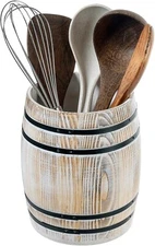 White Wood Wine Barrel Design Kitchen Utensil Holder Crock, Utensils Organizer