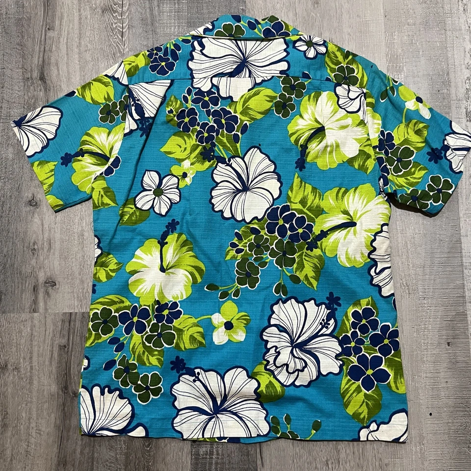 Camisa De Colección Años 60 Real Hawaiana Tapa Tela De Corteza Floral Moneda Botón Cuello Lazo M Foto 2 de 4