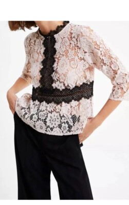 ZARA Women s Beige/Pink Contrast Black Lace Blouse Sz M Anime Chic Mock Neck