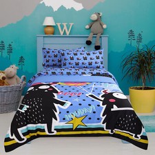 5 Piece Polyester Microfiber Kids Bedding Set Black Cartoon Pattern Twin