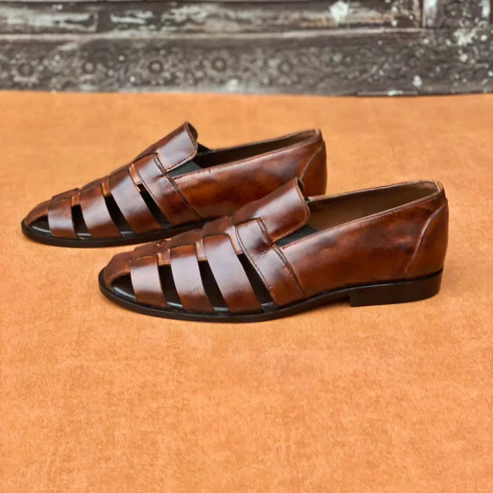 Sandálias pescador masculinas de couro genuíno feitas à mão sapatos de praia uso casual - Imagem 4 de 4