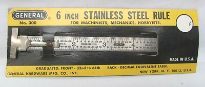 Rare Vintage General 6'' Stainless Steel Rule Decimal Equivalent NOS New No.300