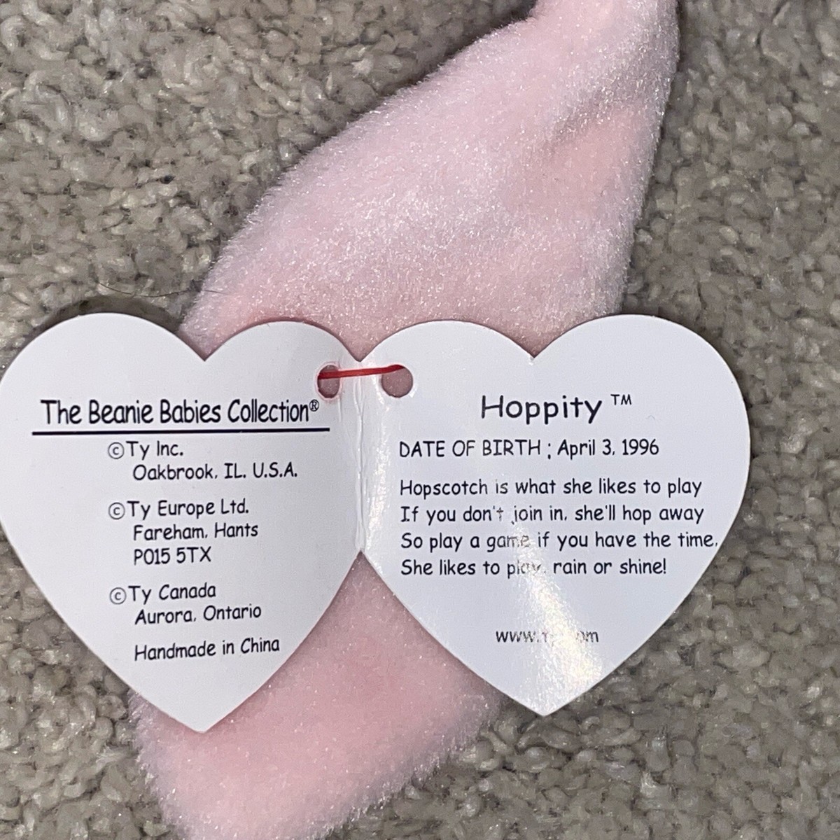 TY Beanie Baby Pink Hoppity the Bunny April 3, 1996 ORIGIINAL
