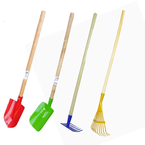 4X Kinder GartengeräTe Metall Garten Schaufel Rechen Harke Spaten Mit Holzstiel-image
