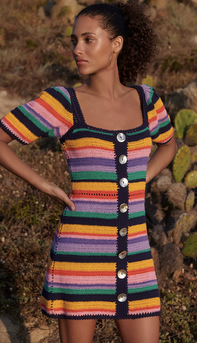 rainbow crochet mini dress Anthropologie Farm Rio Renata Size Small color:lilac Color: Camel Private Golf Club Dress Stitches crochet Step into a technicolour