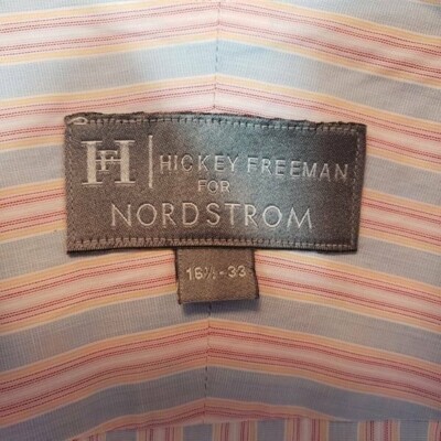 Hickey Freeman Nordstrom Men Dress Shirt 16 1/2 33 Pink Blue Striped Long Sleeve