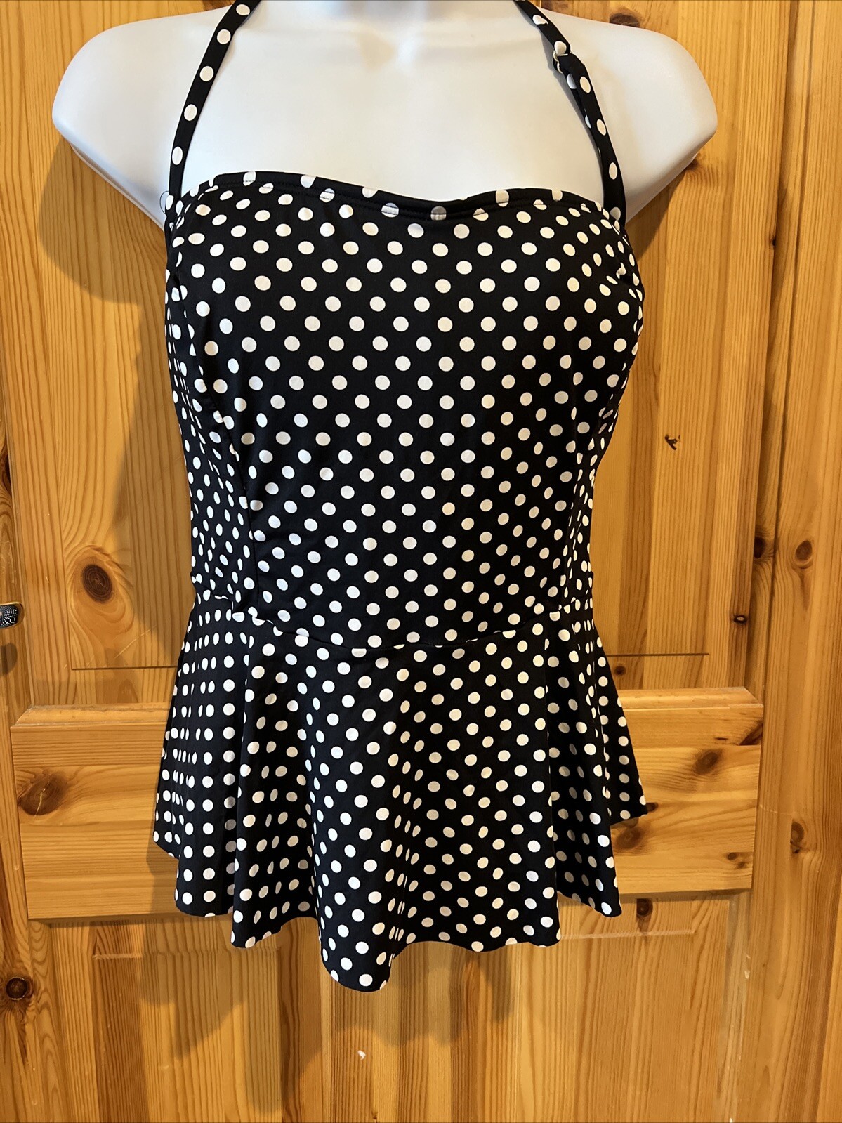 Merona Swimsuit Peplum Top Black With White Polkadots. NWT size large-image