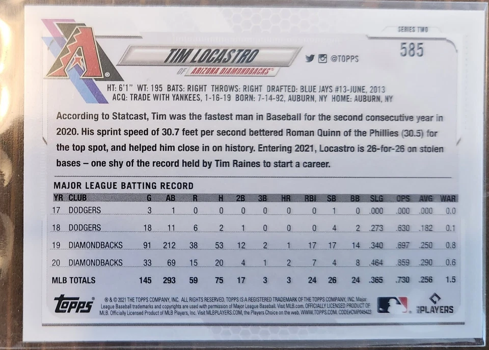 2021 Topps Employee Edition Tim Locastro Rare Parallel #585 Dbacks Mets Yankees - Image 2 of 2