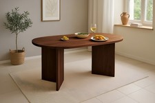 Esstisch 160 x 90 cm Akazienholz Nussbaum gerade Kante oval V-Gestell LAURIE