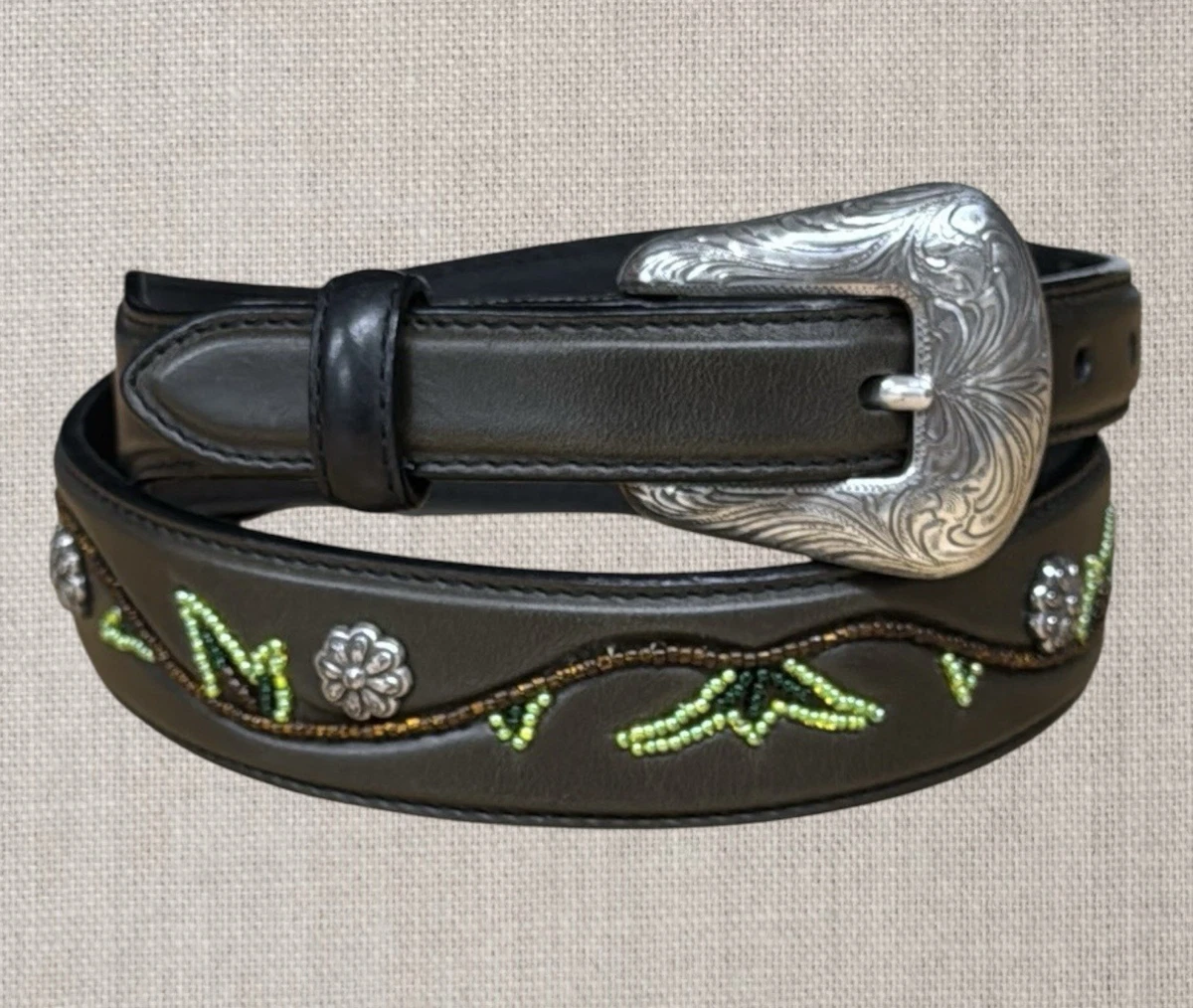 Womens Tony Lama Brighton Buckle Green Beaded Black Leather Belt 30” Western NEW Tony Lama Leather 30 Size Belts for Women for sale | eBay main image 2