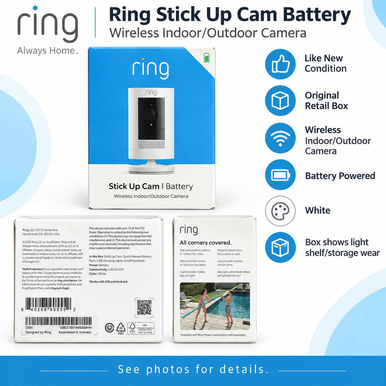 Ring Stick Up Cam Battery, Wireless Indoor/Outdoor Camera 1080p HD