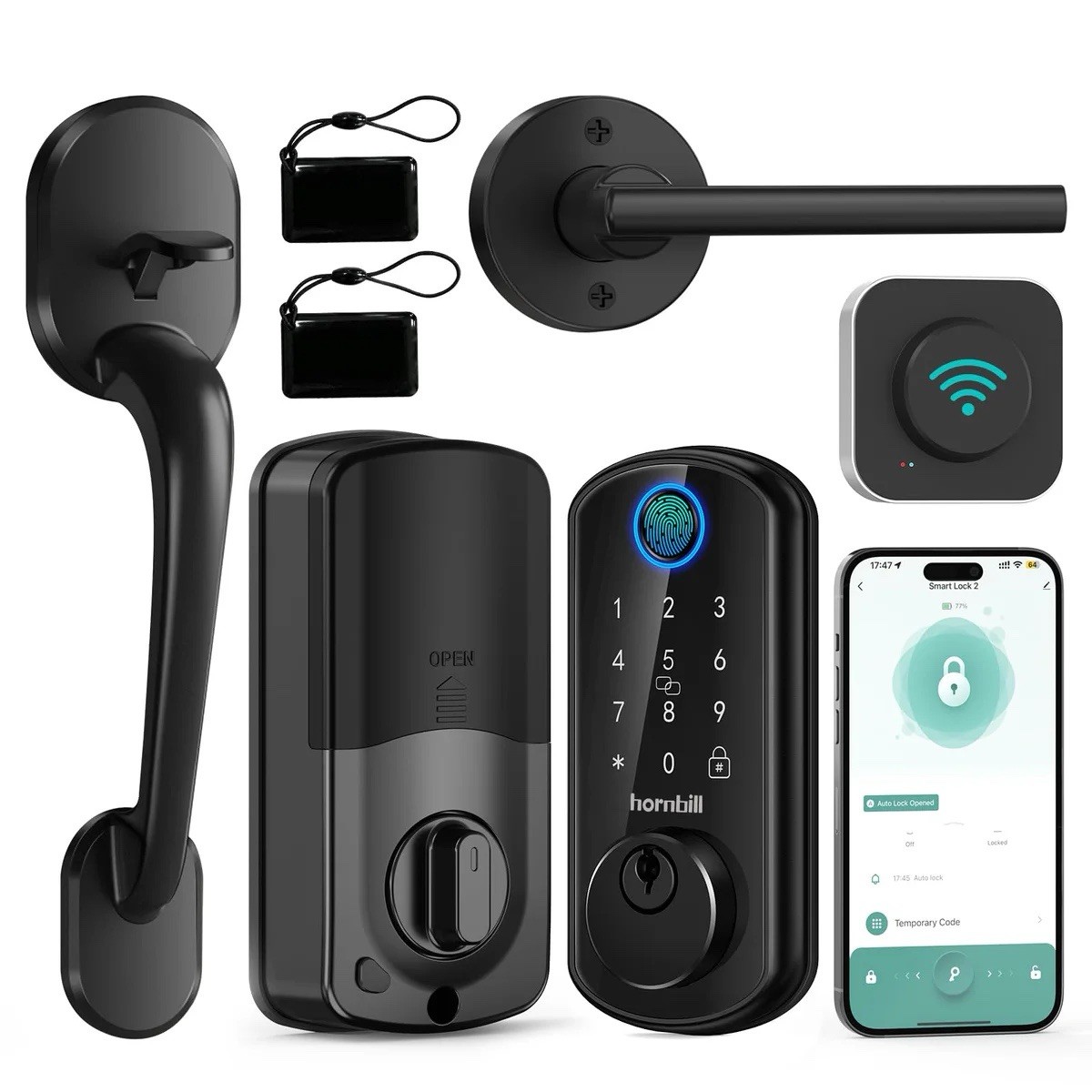 WiFi Smart Deadbolt Lock with Handle Hornbill Front Door Lock Set Keyless Entry
