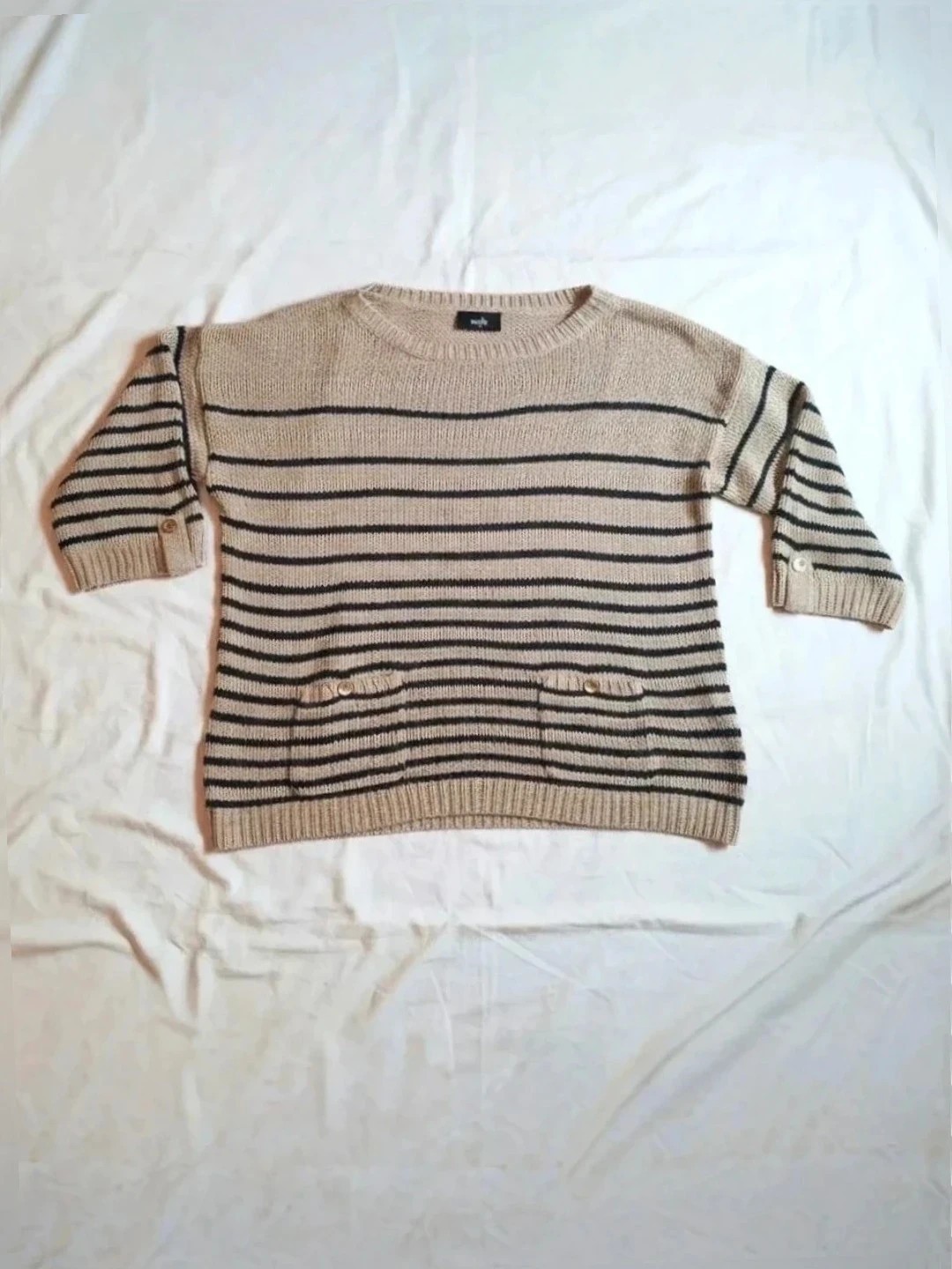 Ladies jumper. Wallis size M. beige navy striped knit Jumper.
