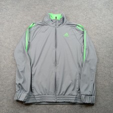 Adidas Track Jacket Youth 10/12 Gray Green Full Zip 3 Stripe Athletic Sport