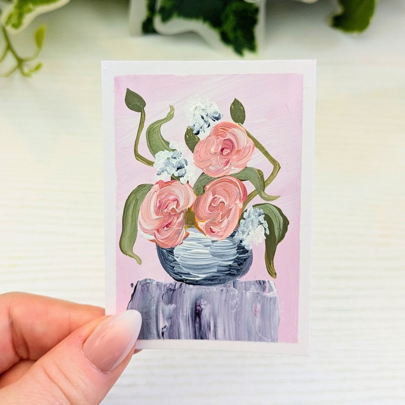 ACEO Original, Flowers Floral Impressionism Pink Bouquet 2.5X3.5 SaraAlexisArt