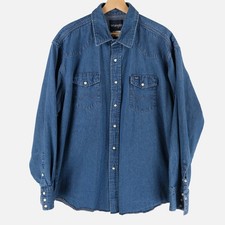 Wrangler Blue Denim Pearl Snap Long Sleeve Western Shirt Mens 2XL EUC
