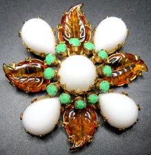 SCHREINER Amazing Molded Glass Leaves White Cabochon Vintage Pin Brooch
