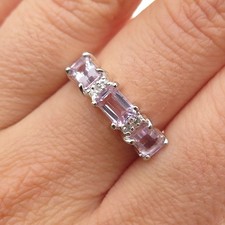 925 Sterling Silver Vintage Real Emerald-Cut Amethyst Round-Cut C Z Ring Size 7