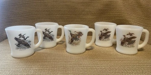 Fire King Vintage Milk Glass “Game Birds” Mugs, Geese, Duck, Grouse Set of 5