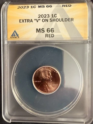 2023 Extra "V" Lincoln Cent Penny Graded ANACS MS66 RD Rare VDB-V Error+++