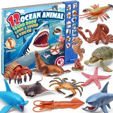 12-Pack Ocean Animal Toys with Sound Book, Realistic Sea Creatures, Educational