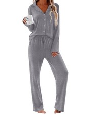 Ekouaer Women Pajamas Set Long Sleeve Sleepwear Button Down Pjs Large, A-grey