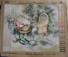 Vintage Needlepoint Canvas 23.5"x 20" Wicker chair with rose petals West Germany