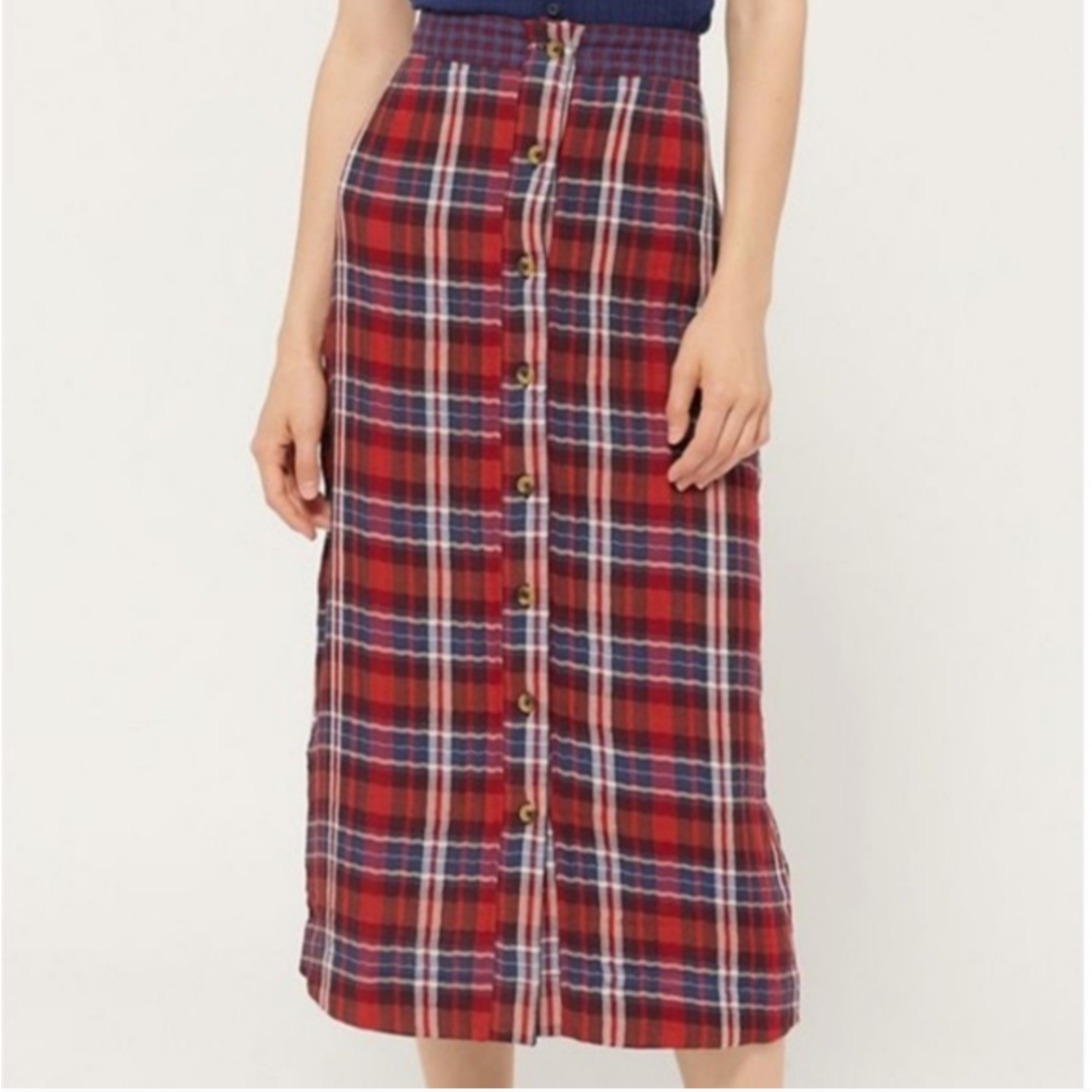 Urban Outfitters Plaid Midi Button Front Lightweight Pencil Skirt