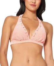 Jessica Simpson Melon Twiggy Stripe Textured Halter Bikini Swim Top SZ M