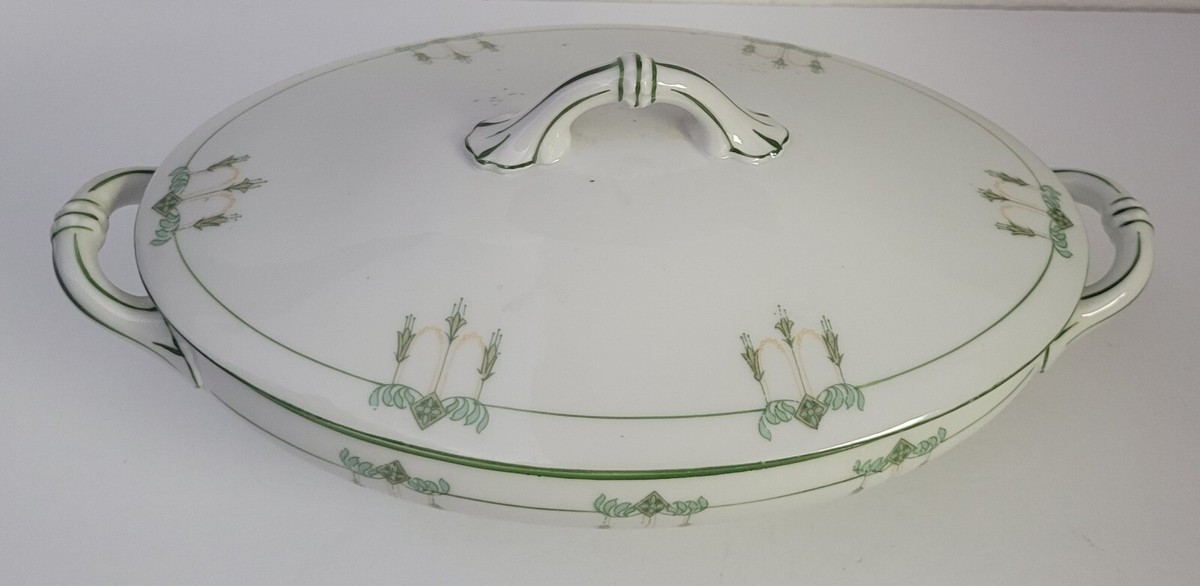 Antique HTF MZ Austria Altrohlau Covered Vegetable Dish Green