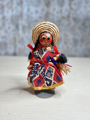 Mexican Folk Art Oil Cloth Doll Woman w/ Woven Straw Mat & Red Dress 9  Tall