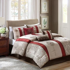 NEW! ~ BEAUTIFUL ELEGANT BEIGE BROWN DEEP RED GREY SCROLL STRIPE COMFORTER SET