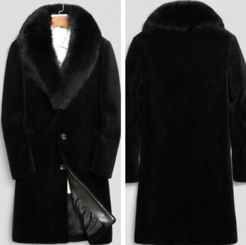 Men's Winter Faux Mink Outwear Fur Collar Trench Coat Faux Fur Overcoat