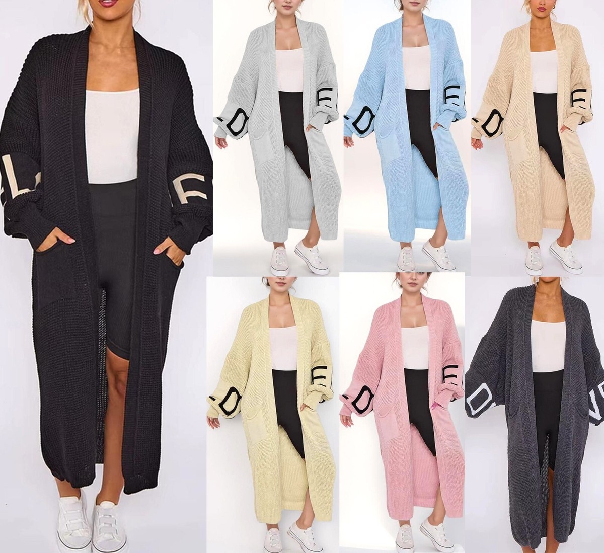 Women Ladies Knitted LOVE Cardigan Oversized Balloon Sleeve Long Maxi  Cardigans
