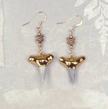Fossil Lemon Shark Teeth Earrings - Electroformed 18kt Gold, Handcrafted Beads