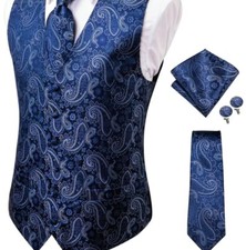 Men's NEW 3XL 46-48 Paisley Blue Black Formal Wear Vest Tie Hanky Cufflinks Set