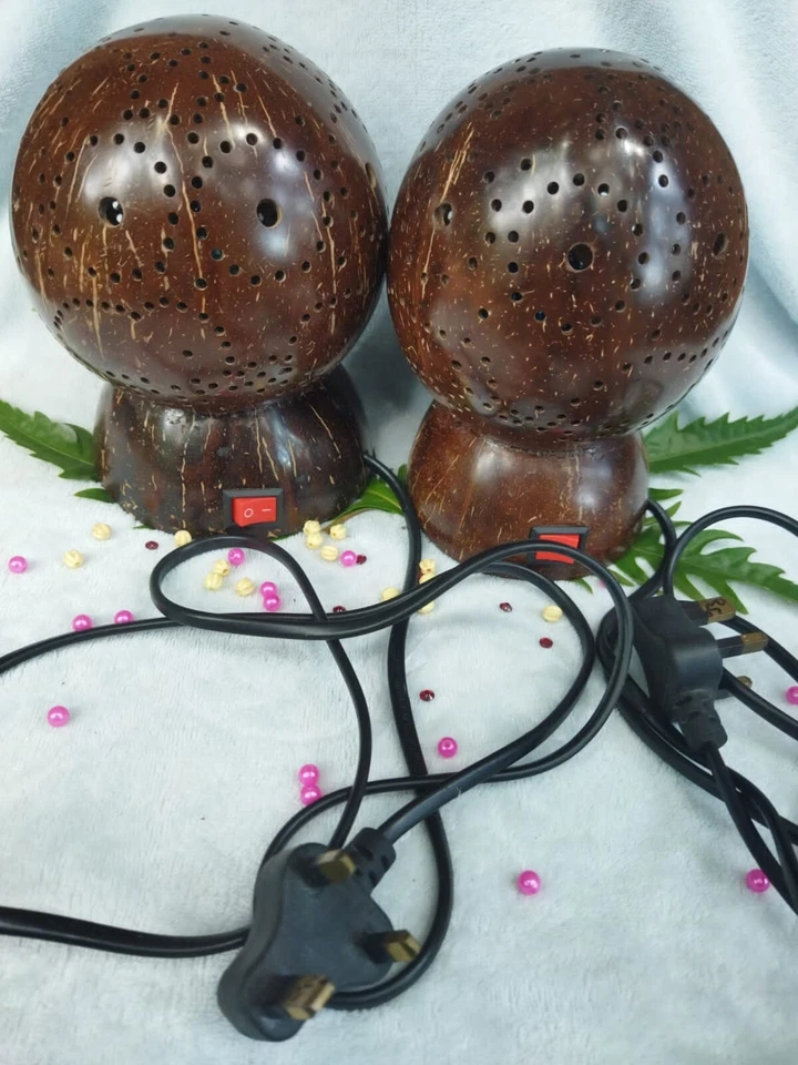 Table Lamps Natural Coconut Shell Design Shade Bedside Antique Brass Lamps Home - Image 4 of 4