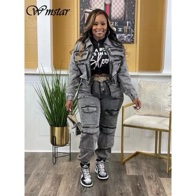 Wmstar Denim Two Piece Set Jacket Coat Top Jeans Cargo Pants Matching Clothes