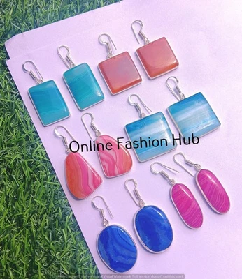 925 Sterling Silver Plated Genuine Multi Agate Gemstone Wholesale Earings Lot - Image 1 of 4