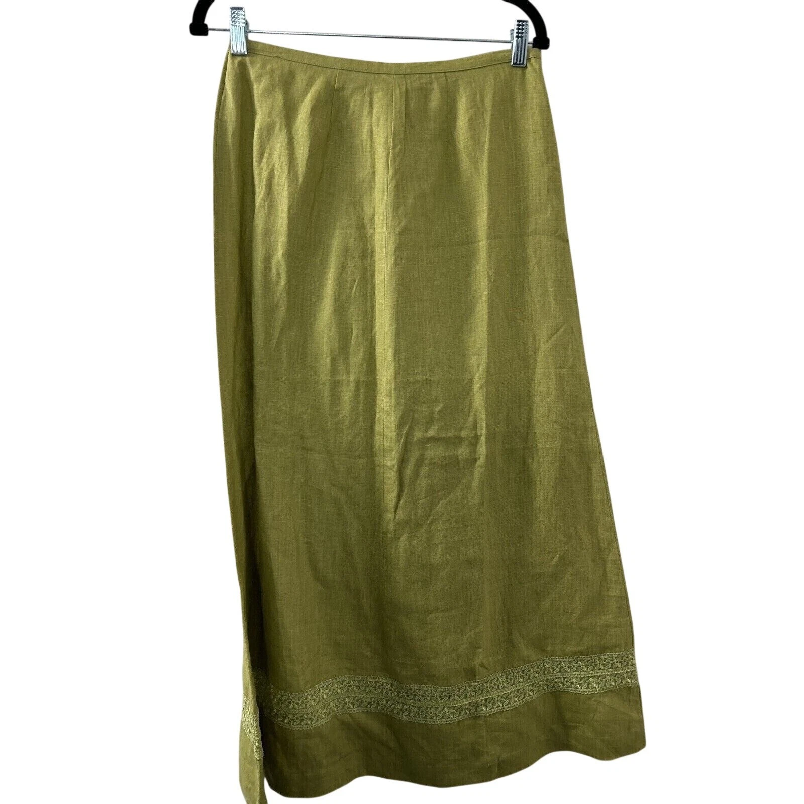British Khaki Linen Maxi Skirt 6 Green Lace Trim Hem Boho Cottagecore Coastal