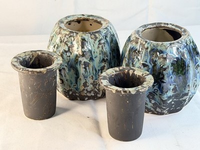2pc Blue Green Reactive Drip Glaze Ceramic Vase Planter Set 4.5in