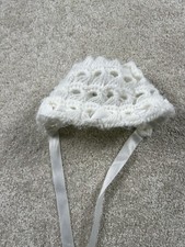 Handmade White Crochet Baby Bonnet Ribbon Tie Infant Hat Soft Vintage Style Cap