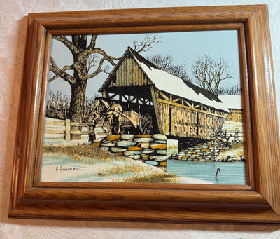 H. Hargrove Serigraph/oil on canvas. Covered Bridge. Winter
