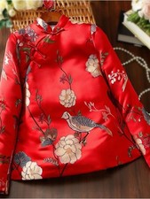 Womens Red Flower Jacket Casual Cotton New Years Cheongsam Tang Coat Top Chinese