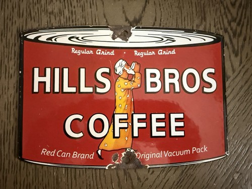 Hills Bros Coffee Red Can Advertising Sign Coffee & Tea Theme Black White Yellow