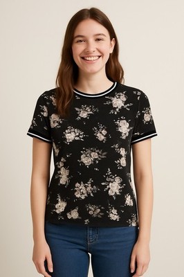Jean Pascale Floral T-Shirt Black Pink Flowers Size M Short Sleeve Casual Tee