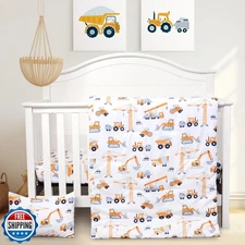 JISEN 3 Piece Crib Bedding Set Soft Baby Crib Bedding Set Construction Trucks