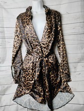 Pretty Little Thing Leopard Print Satin Shirt Dress Size  6 Curved Hem Tie Front