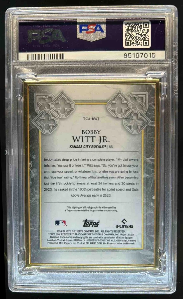 2023 Topps Transcendent Bobby Witt Jr. Gold Frame Auto Emerald #1/5 PSA 9 - Image 2 of 2